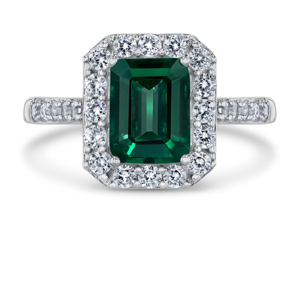 Created Emerald and Created White Sapphire Sterling Silver Ring